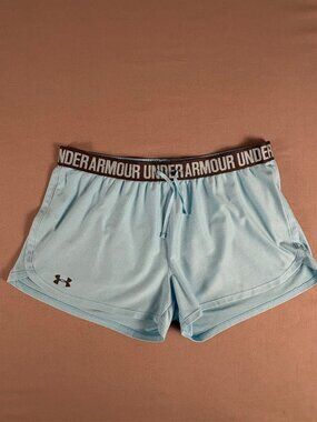 Under Armour Play Up Shorts Blue Logo Waist HeatGear Athletic Running Gym Medium